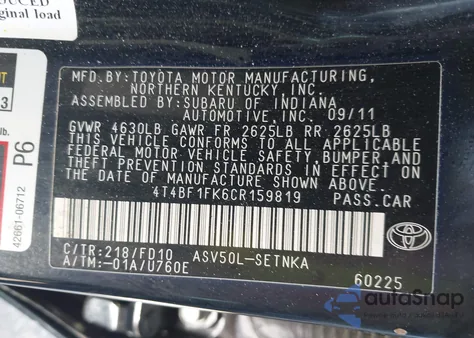 2012 Toyota Camry Le из США, поврежденный, VIN 4T4BF1FK6CR159819